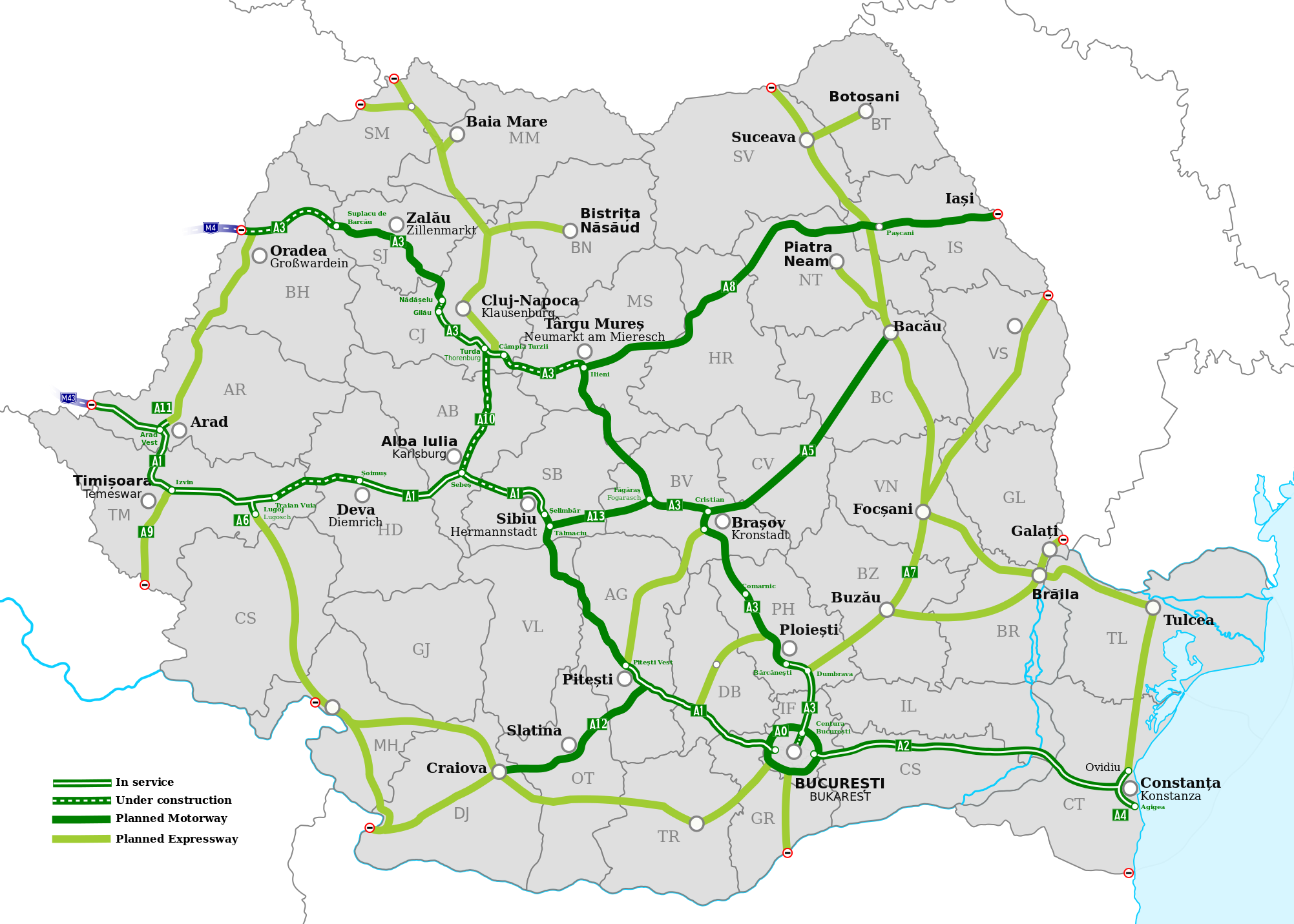 Mapa rumunské dálniční sítě